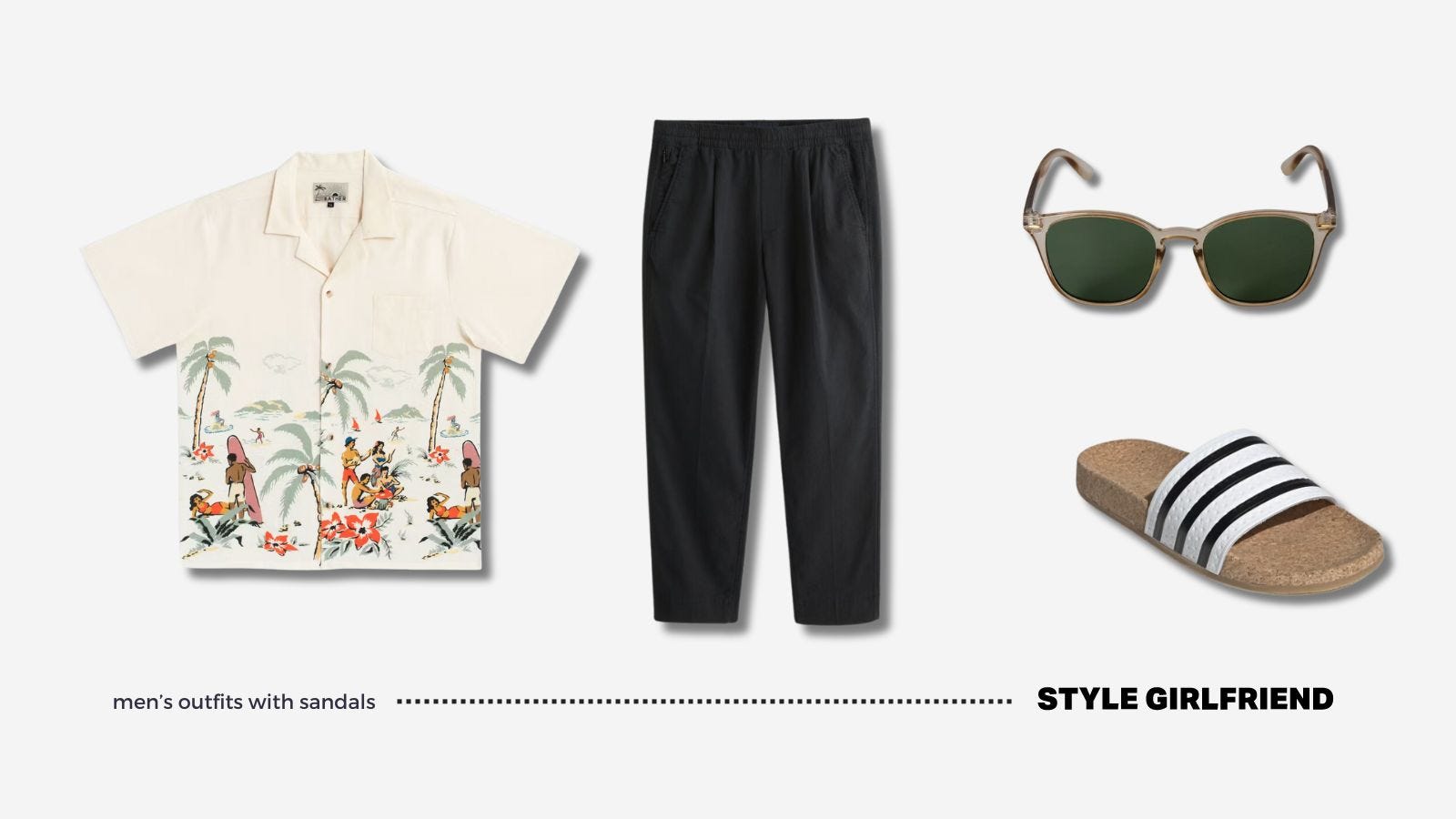 men's summer outfit featuring flat lays of an off-white short sleeve button down shirt, black linen pants, plastic frame sunglasses, and Adidas adilette slide sandals