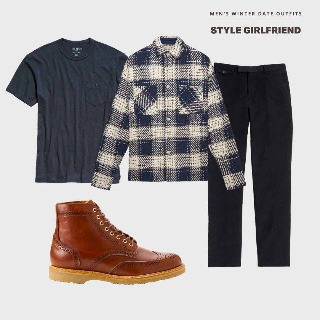 men's winter date outfit featuring a navy plaid overshirt, dark pants, and brown boots