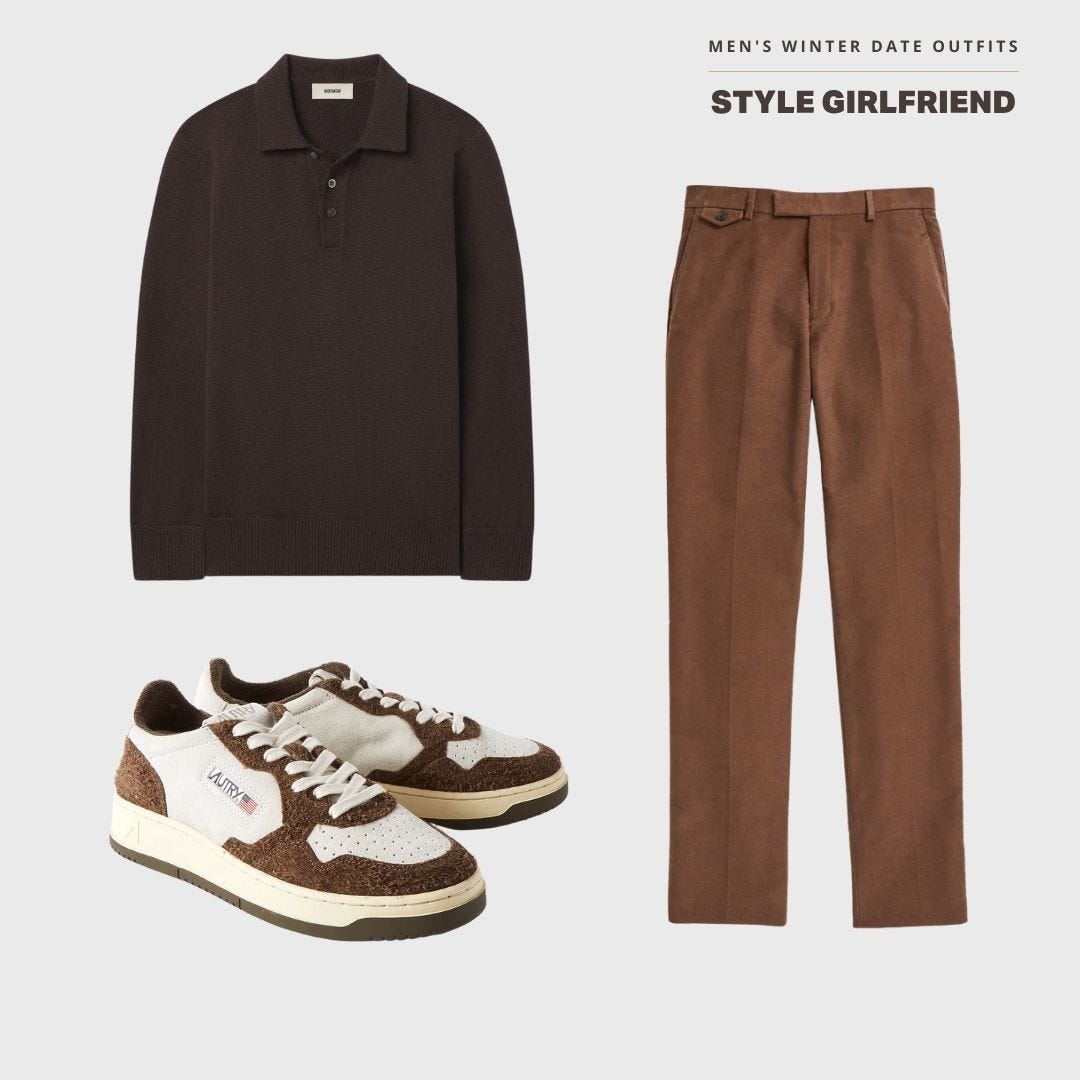 dressy men's winter date outfit featuring a polo sweater, brown trousers and brown and white sneakers