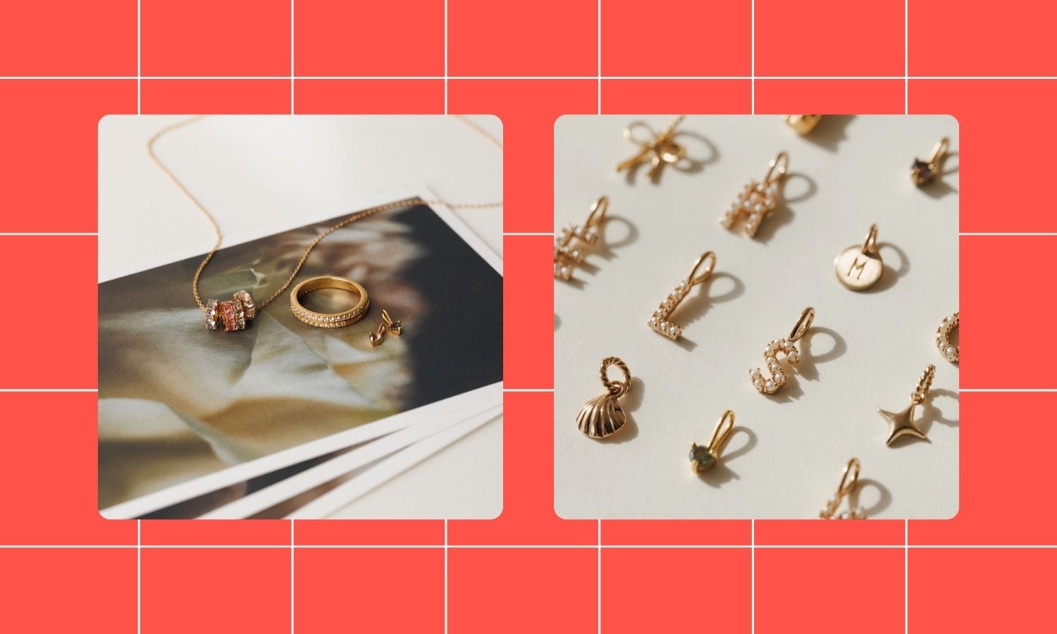 two images of gold jewelry set against a red background