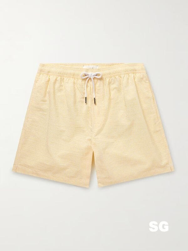 yellow drawstring swim trunks
