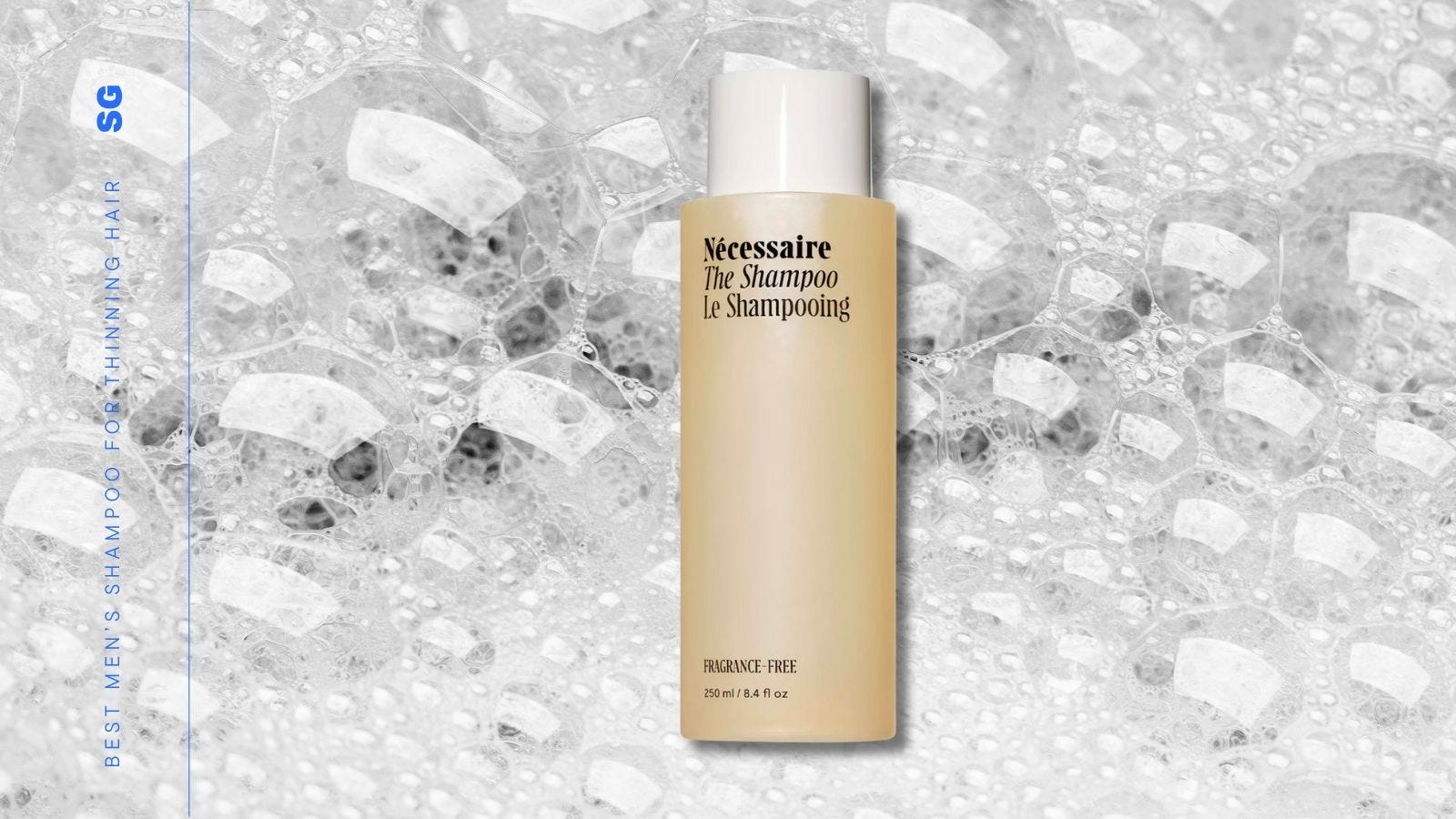bottle of shampoo set against a soapy bubbles background, text on-screen reads: best men's shampoo for thinning hair