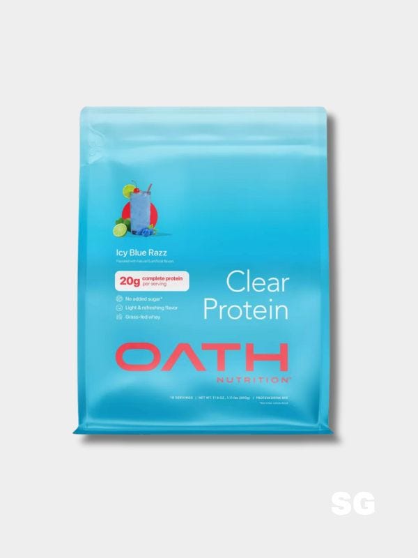single serving of oath clear protein powder in icy blue razz