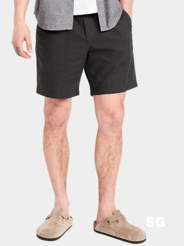 man from the waist down wearing black shorts and birkenstock clogs