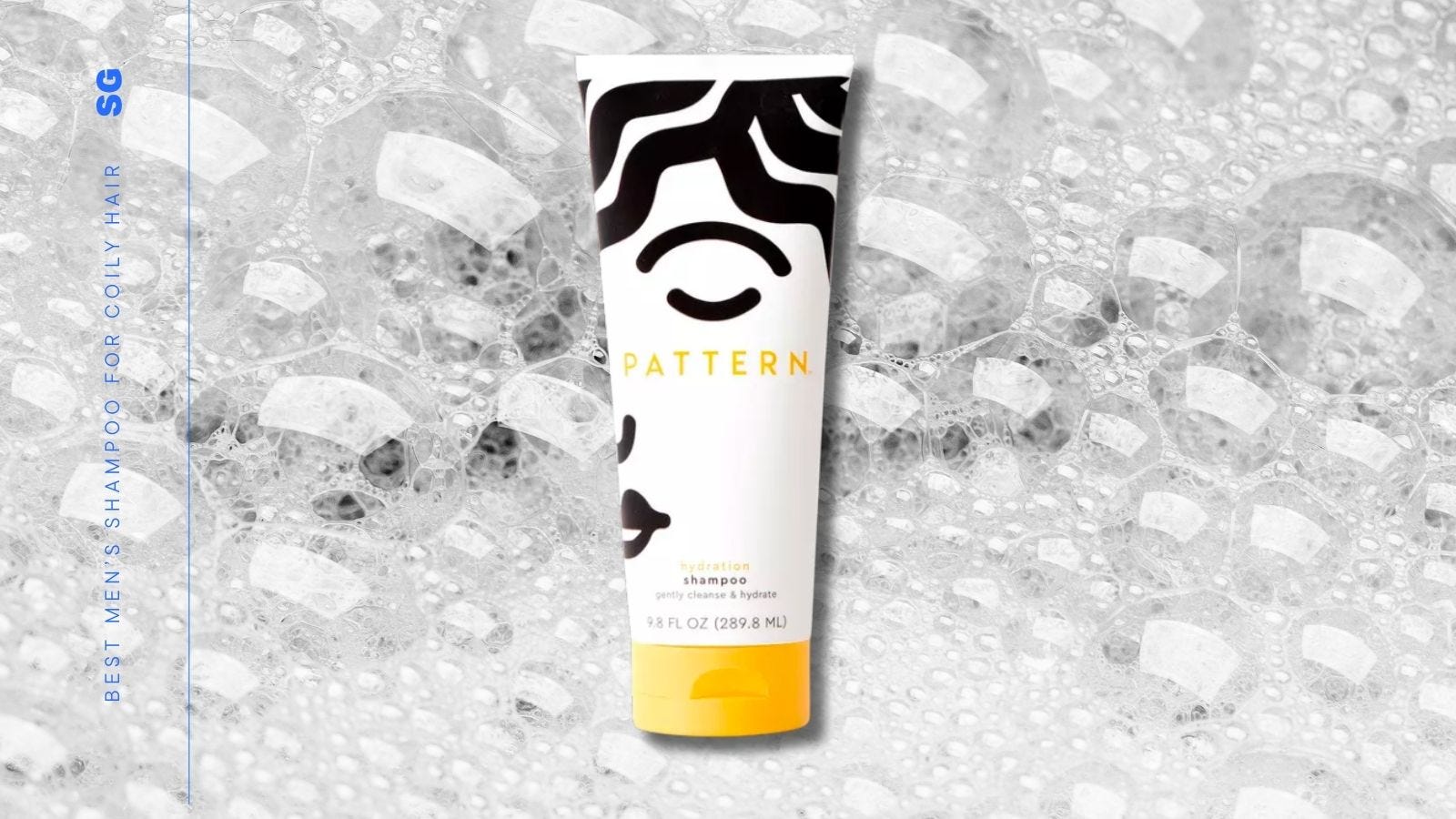 image of a bottle of shampoo against a soapy bubbles background. text on-screen reads: best men's shampoo for coily hair