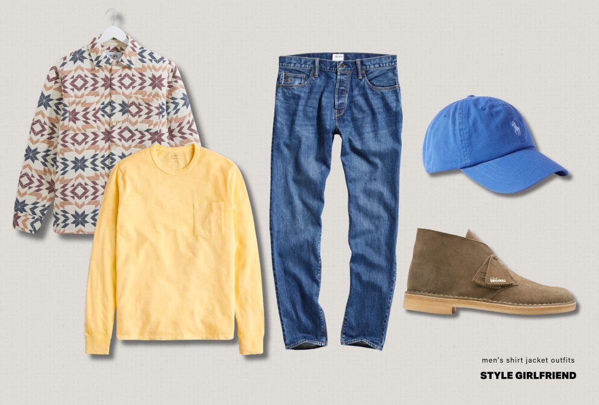 wax london Whiting Overshirt Ecru/Burgundy Maze Jacquard outfit for men