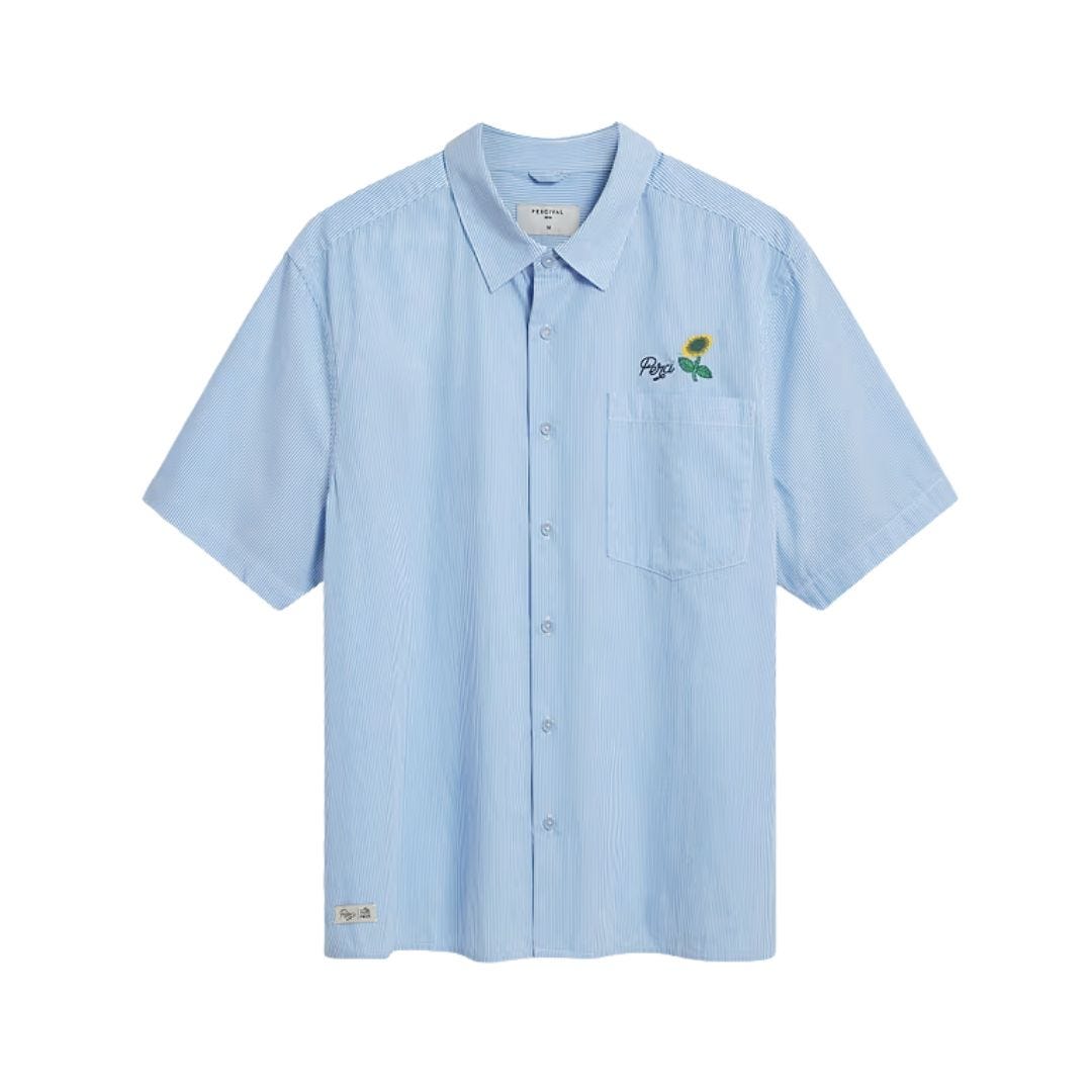 blue short sleeve shirt with a sunflower on the chest