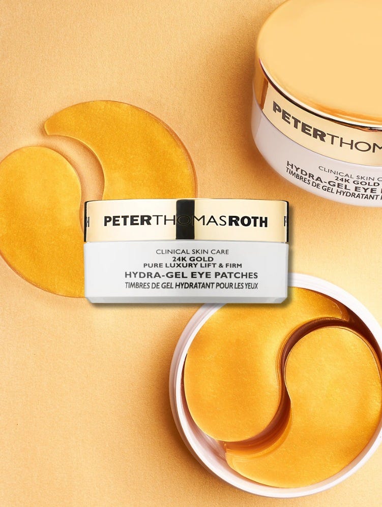 image of a container off 'hydra-gel eye patches' set against a background of the patches out of the container