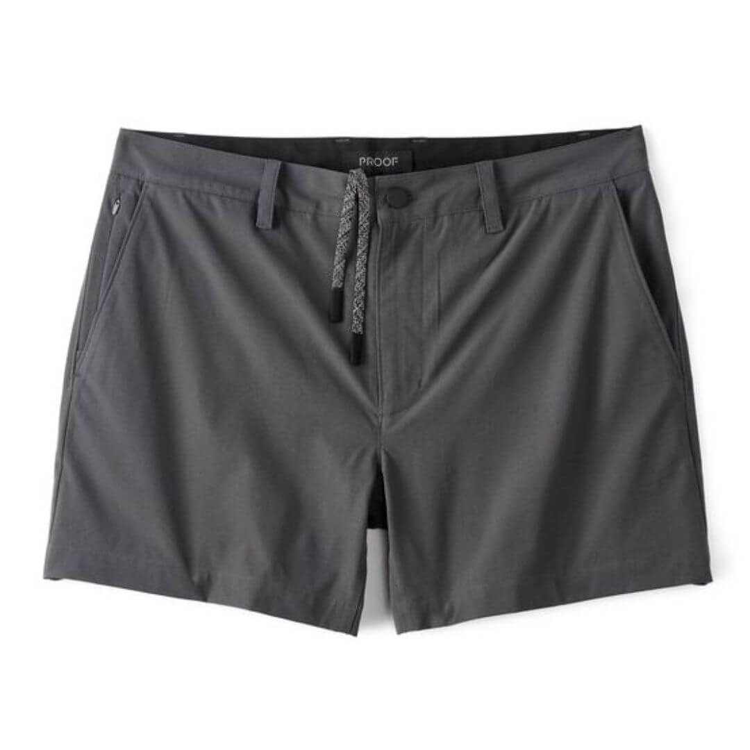 grey performance shorts set against a white background