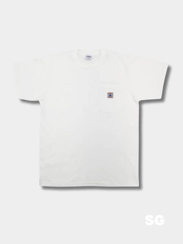 white t-shirt with small emblem at chest