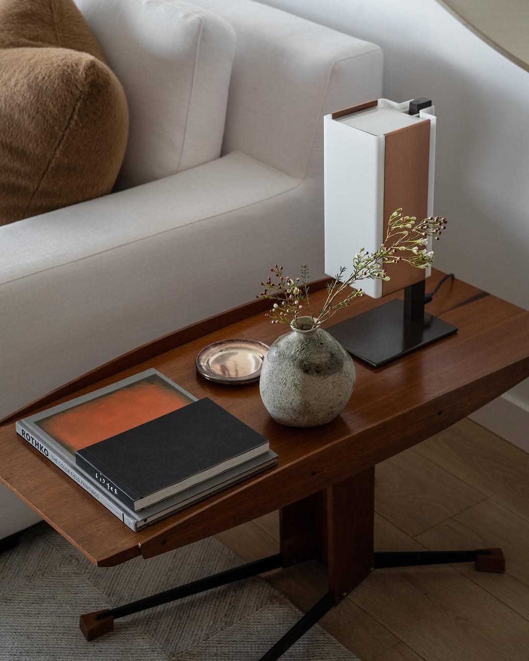 artfully arranged wood coffee table