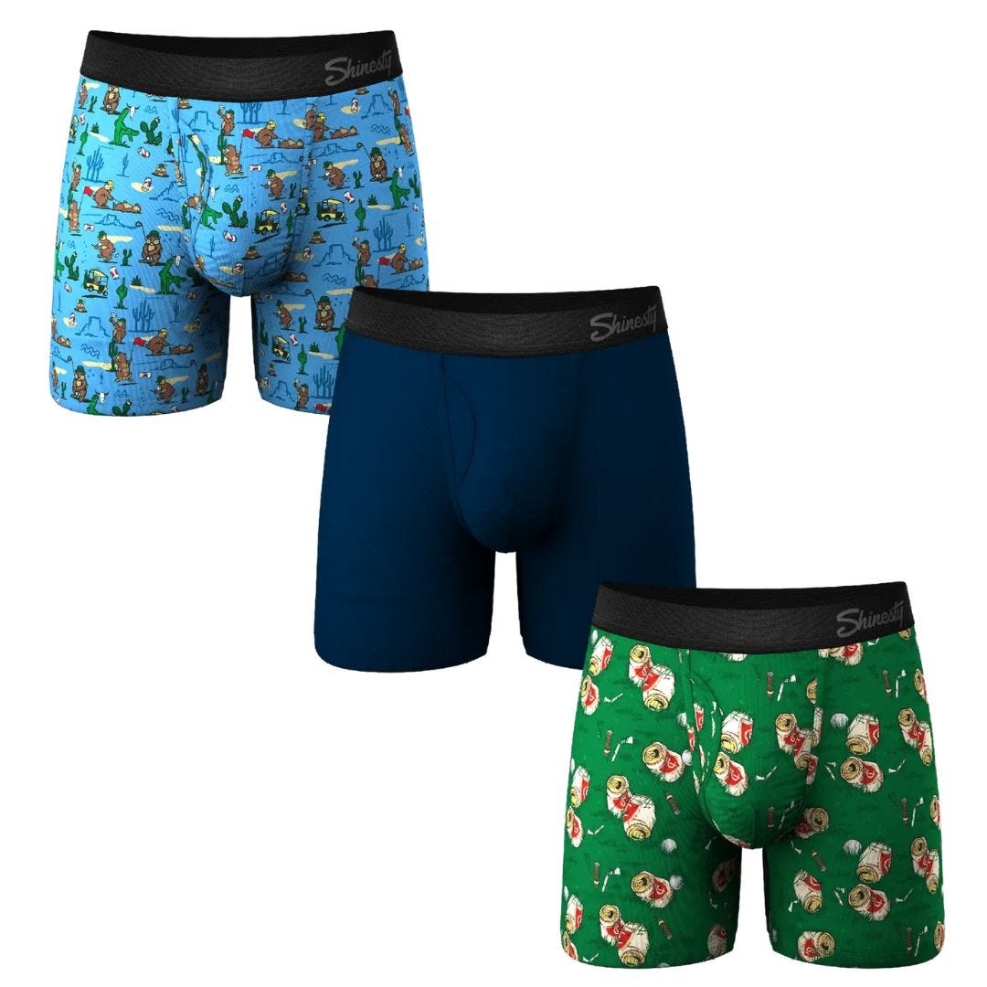 three pairs of patterned boxer briefs