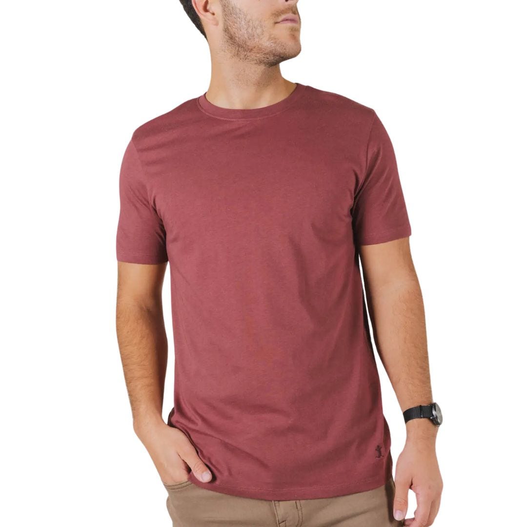 man wearing a rust-colored t-shirt