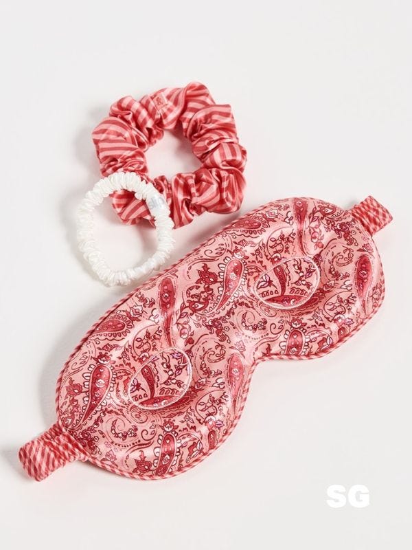 silky scrunchies and eye mask in red pattern