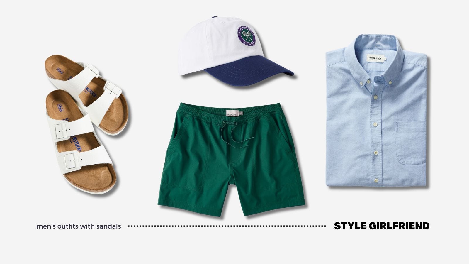 a casual men's summer outfit featuring flat lays of white birkenstock sandals, a white baseball cap with blue brim, green drawstring shorts, and a light blue oxford shirt