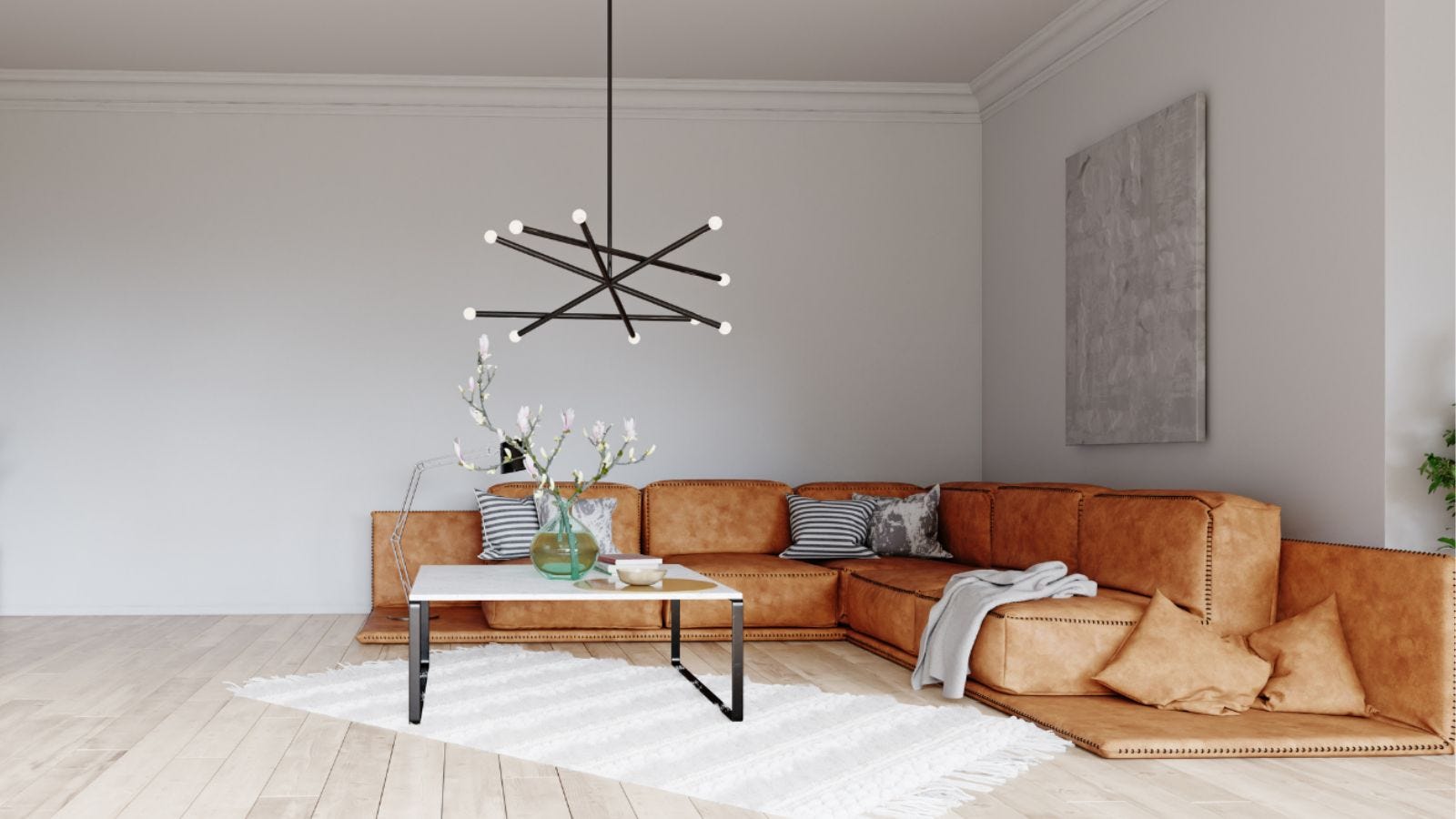 brown leather L-shaped sofa