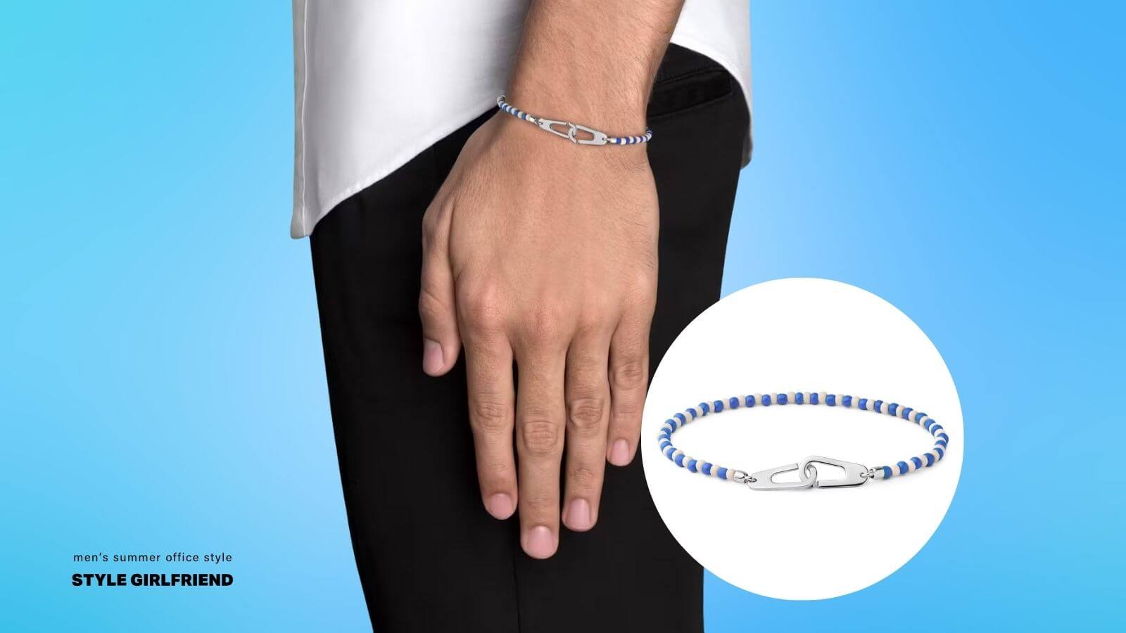 man wearing a beaded bracelet in white and blue