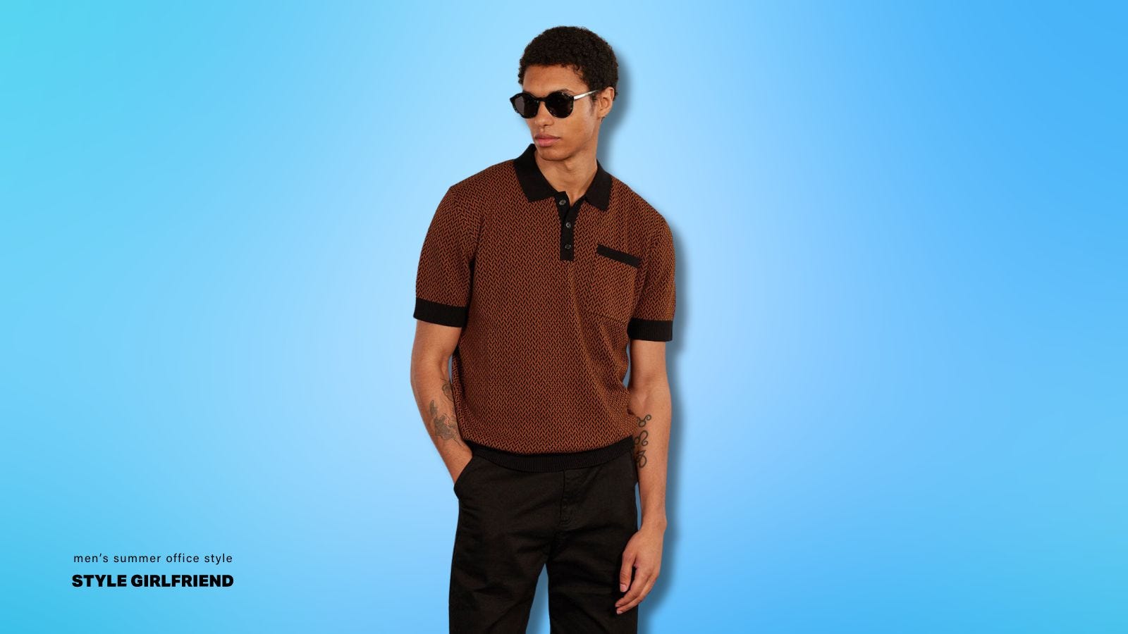 close up of a man from the waist up wearing a brown knit polo shirt with dark collar. text on-screen reads: men's summer office style