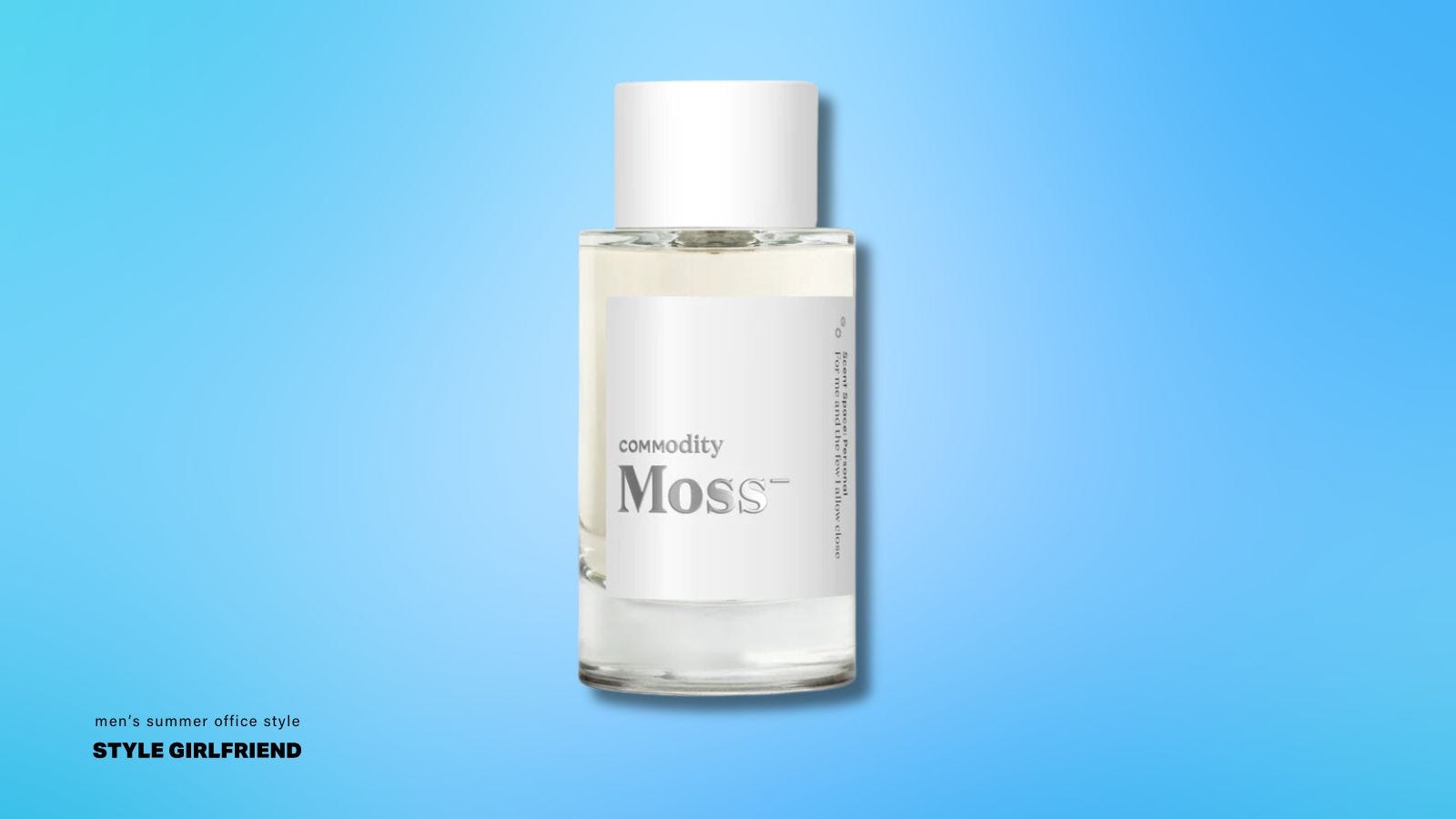 flat lay image of a Commodity fragrance with a white cap and clear glass bottle