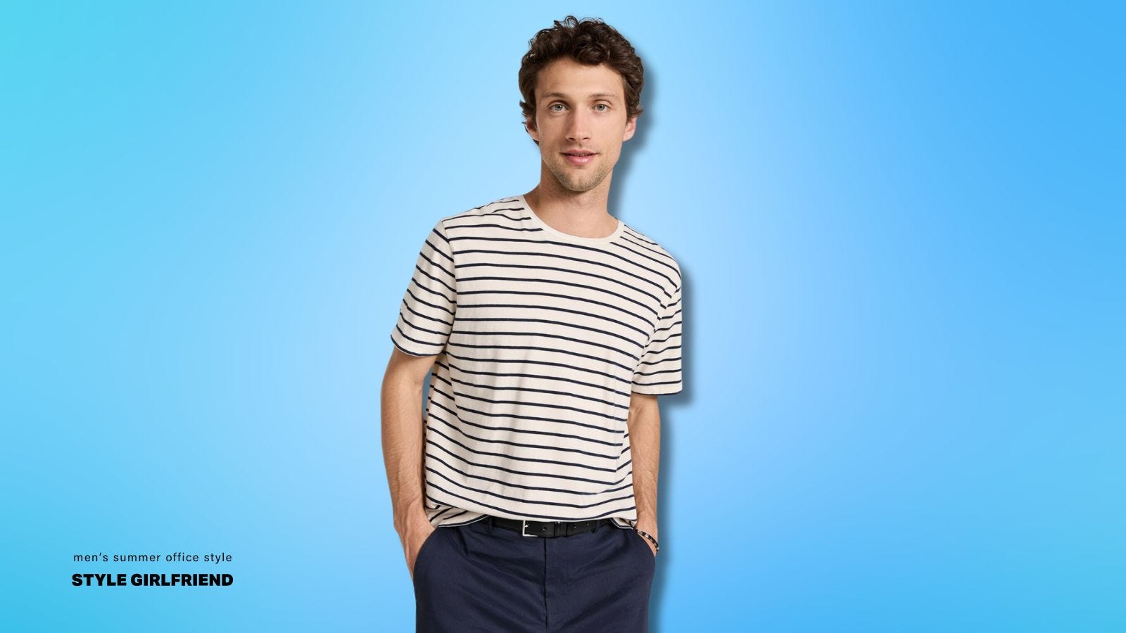 man from the waist up wearing dark pants and a blue and white striped t-shirt
