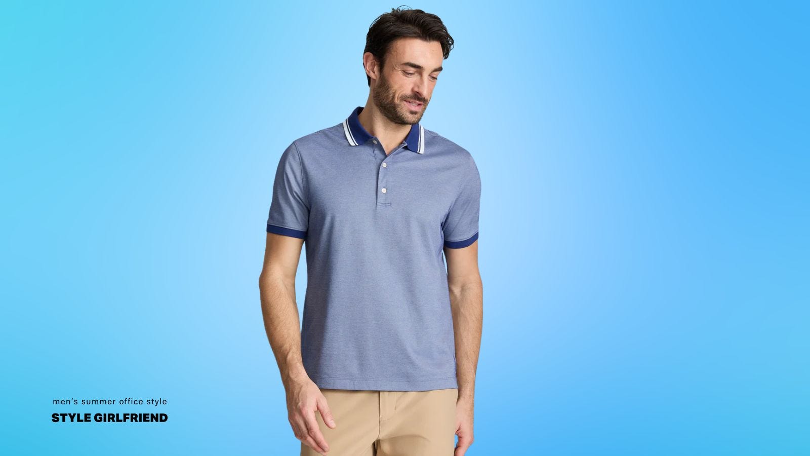 stylish man dressed for a casual office in blue polo and khaki pants