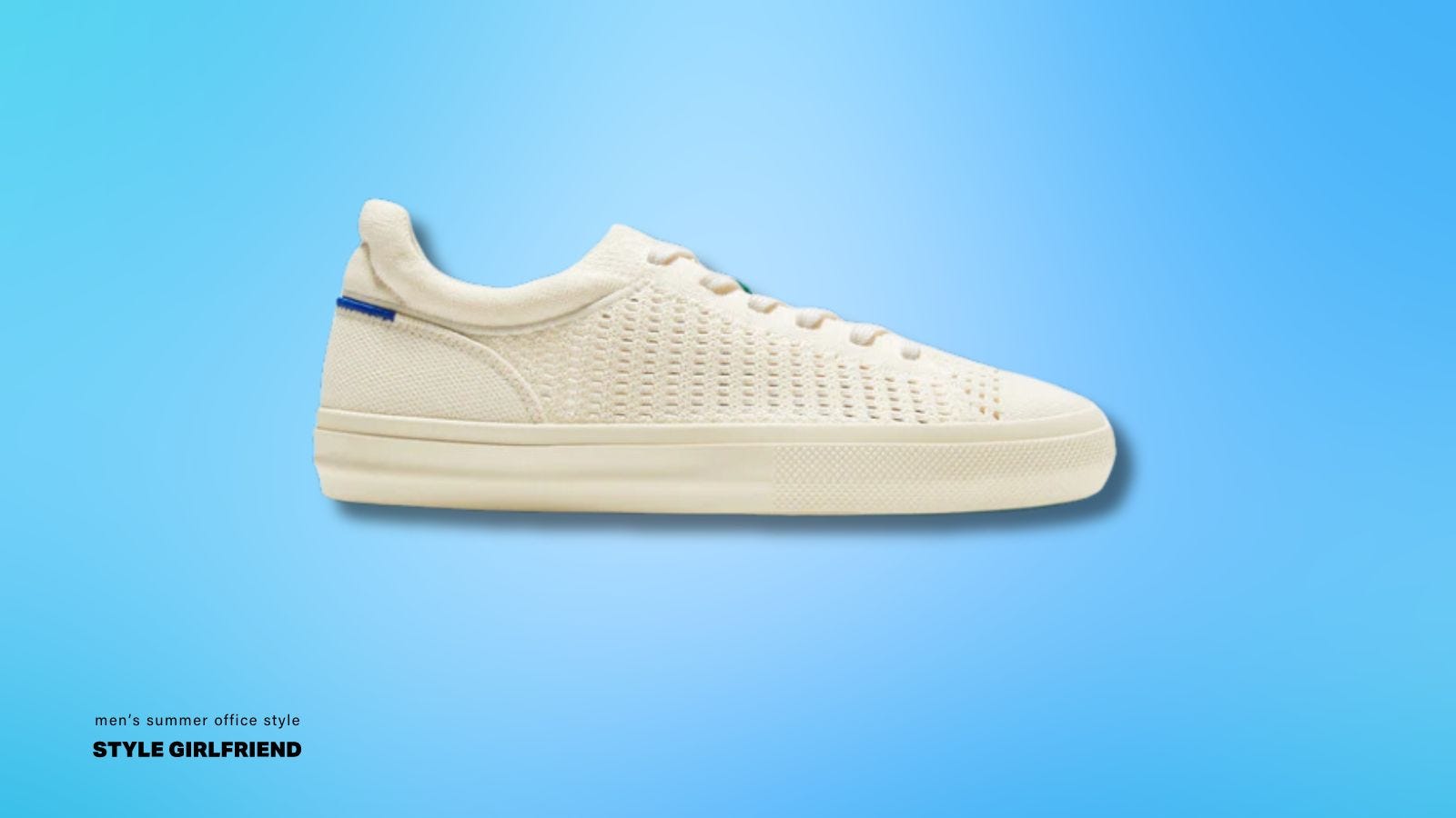 side view of a white sneaker against a blue background. text on-screen reads: men's summer office style
