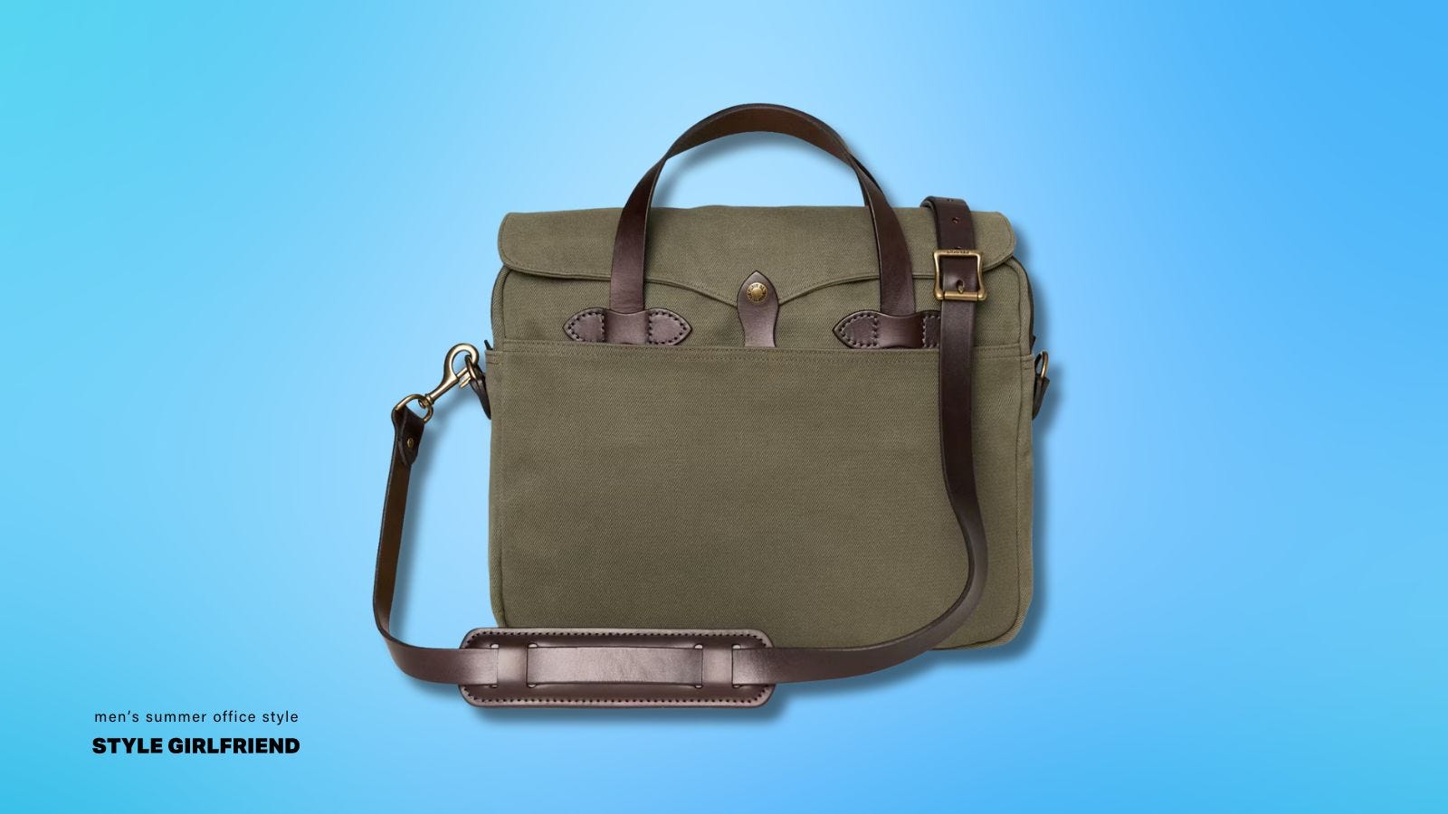 close-up of a Filson twill briefcase. text on-screen reads: men's summer office style