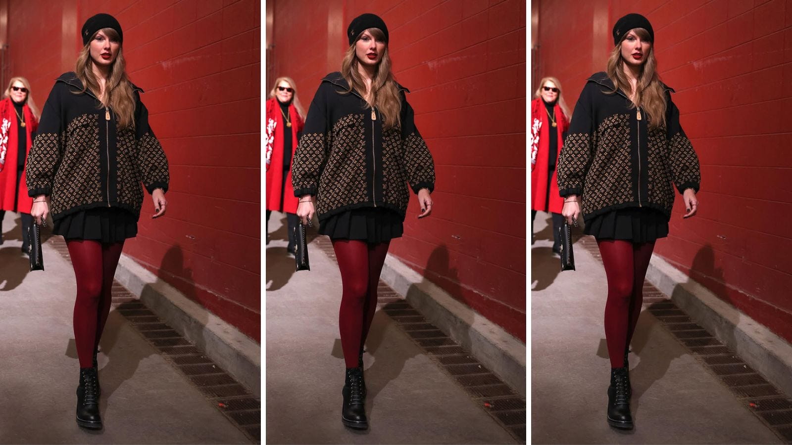 Taylor Swift walking into the AFC championship game in Kansas City