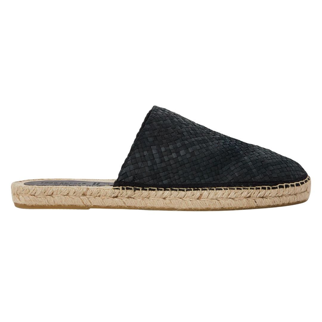 black leather woven slip-on espadrille
