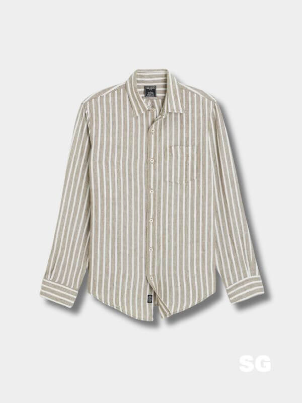 brown and white striped men's linen shirt