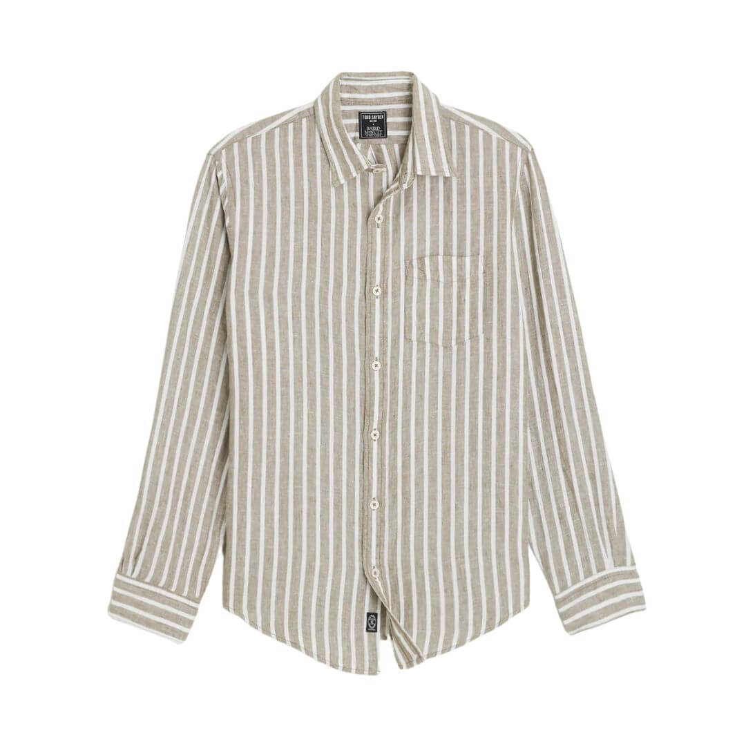 brown and white striped men's linen shirt