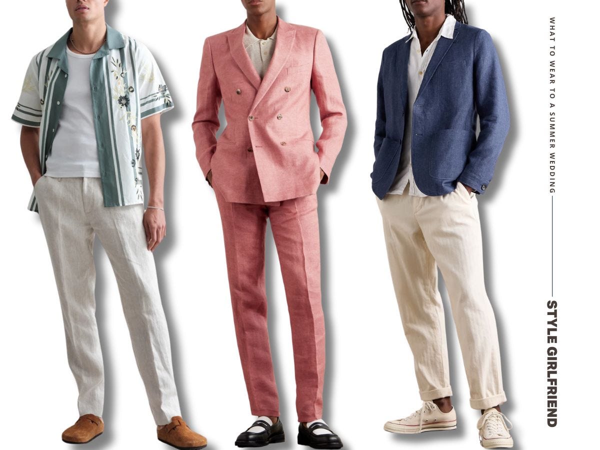 trio of men's wedding guest outfits for a tropical destination wedding, summer wedding outfits for men