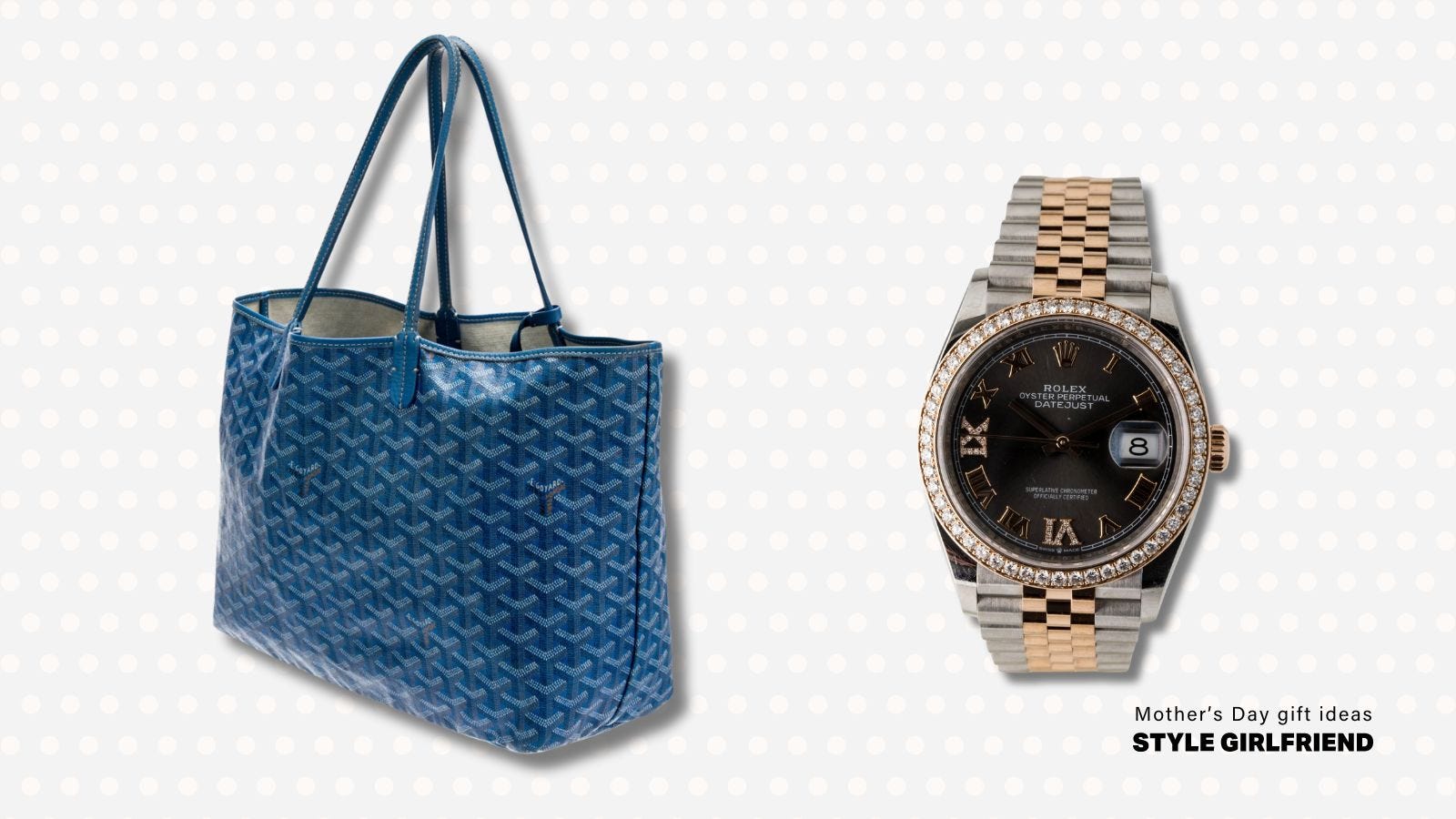 a blue goyard bag next to a datejust rolex