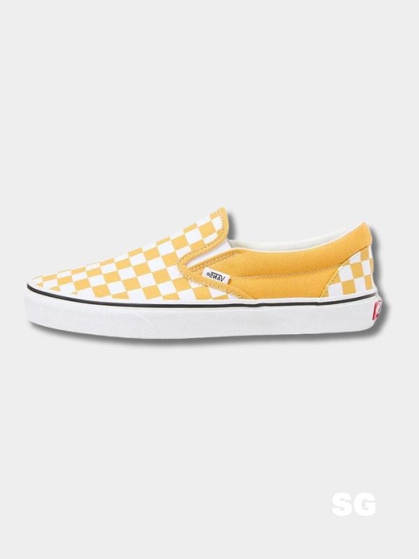 golden glow yellow checkerboard slip-on vans sneakers