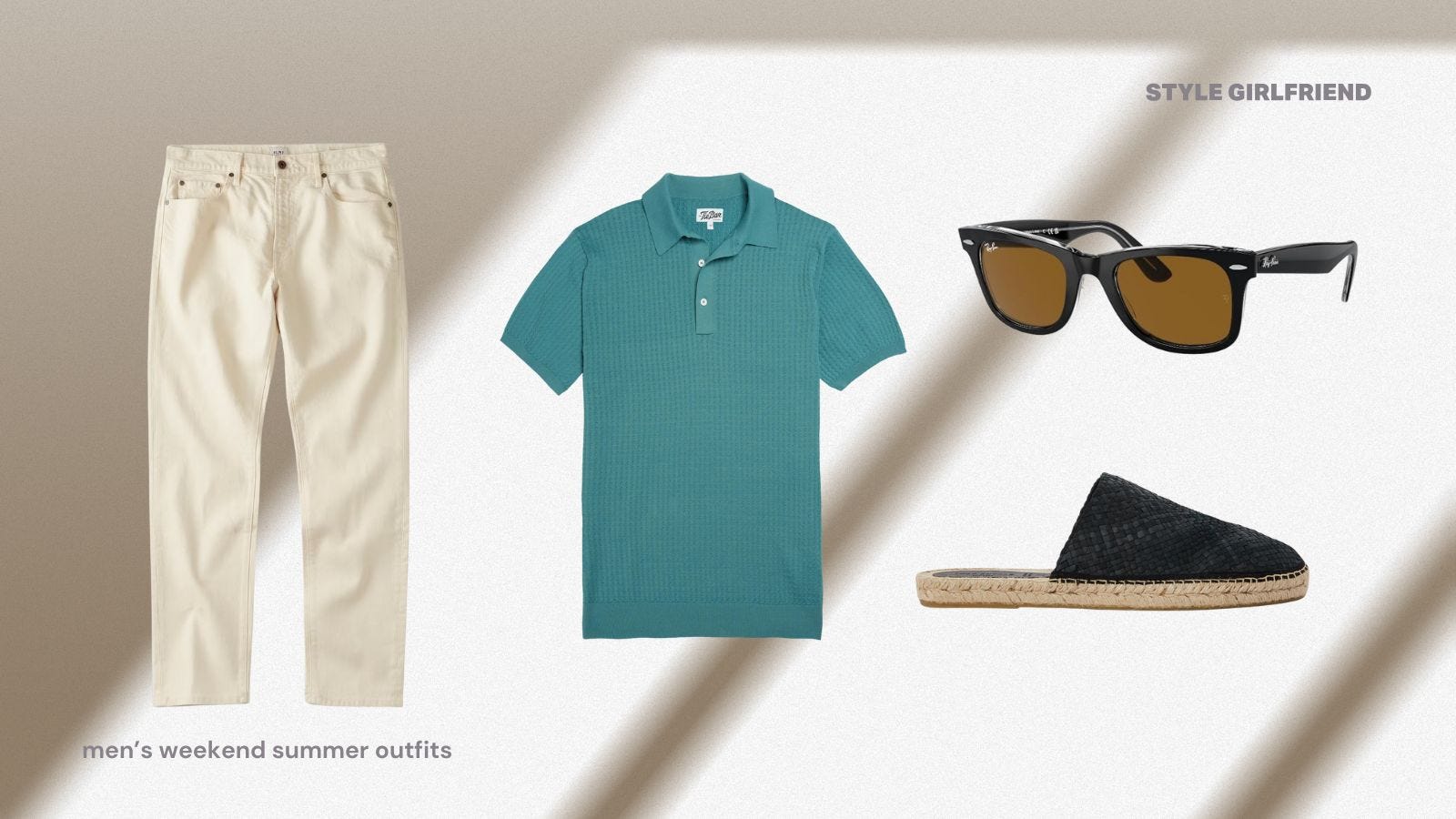 men's summer outfit for weekend with white jeans, a green knit polo, black sunglasses, and black woven leather espadrilles