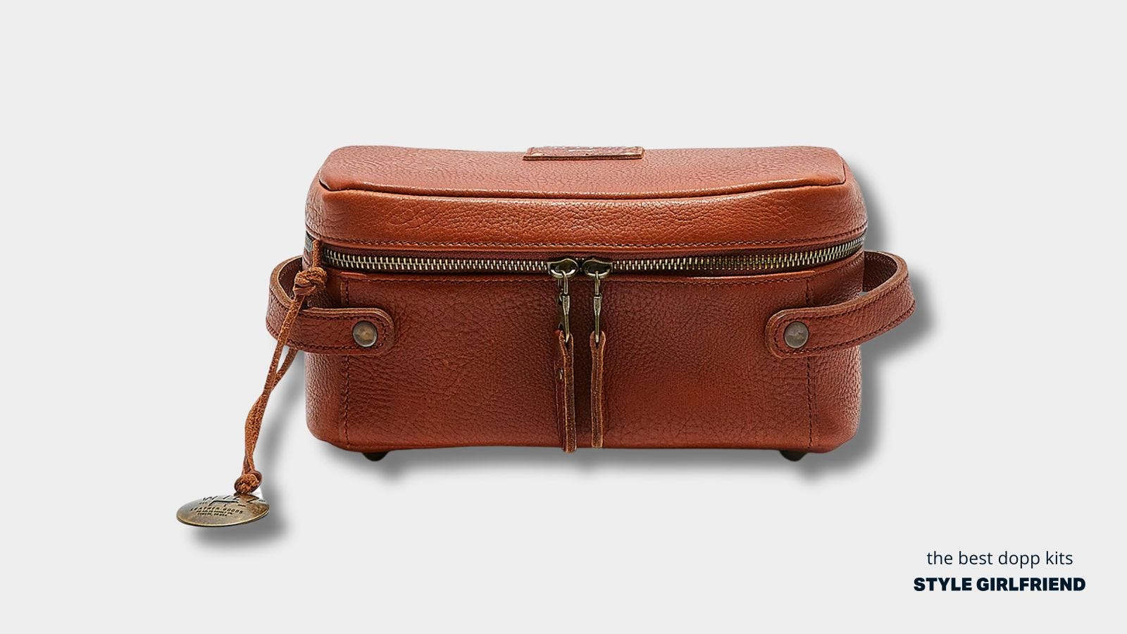 cognac-colored leather dopp kit