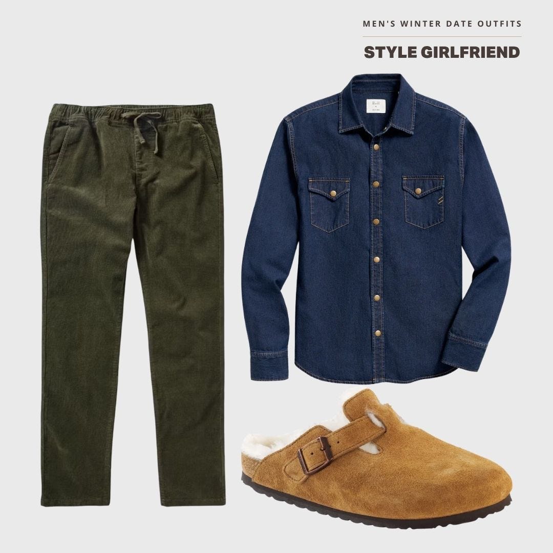 men's winter date outfit featuring green corduroy pants, a blue denim shirt, and suede clogs