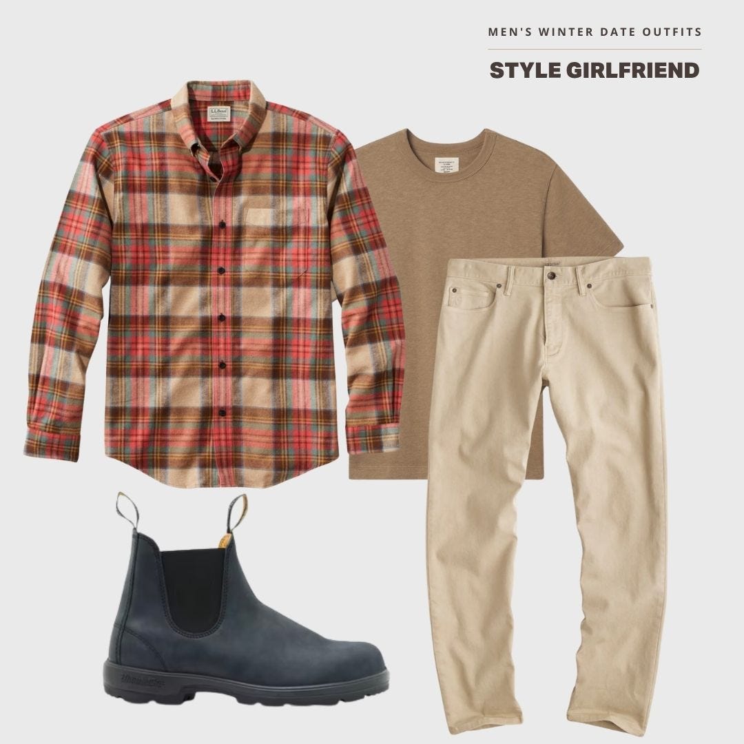 men's plaid shirt, cream-colored 5-pocket pants and black boots