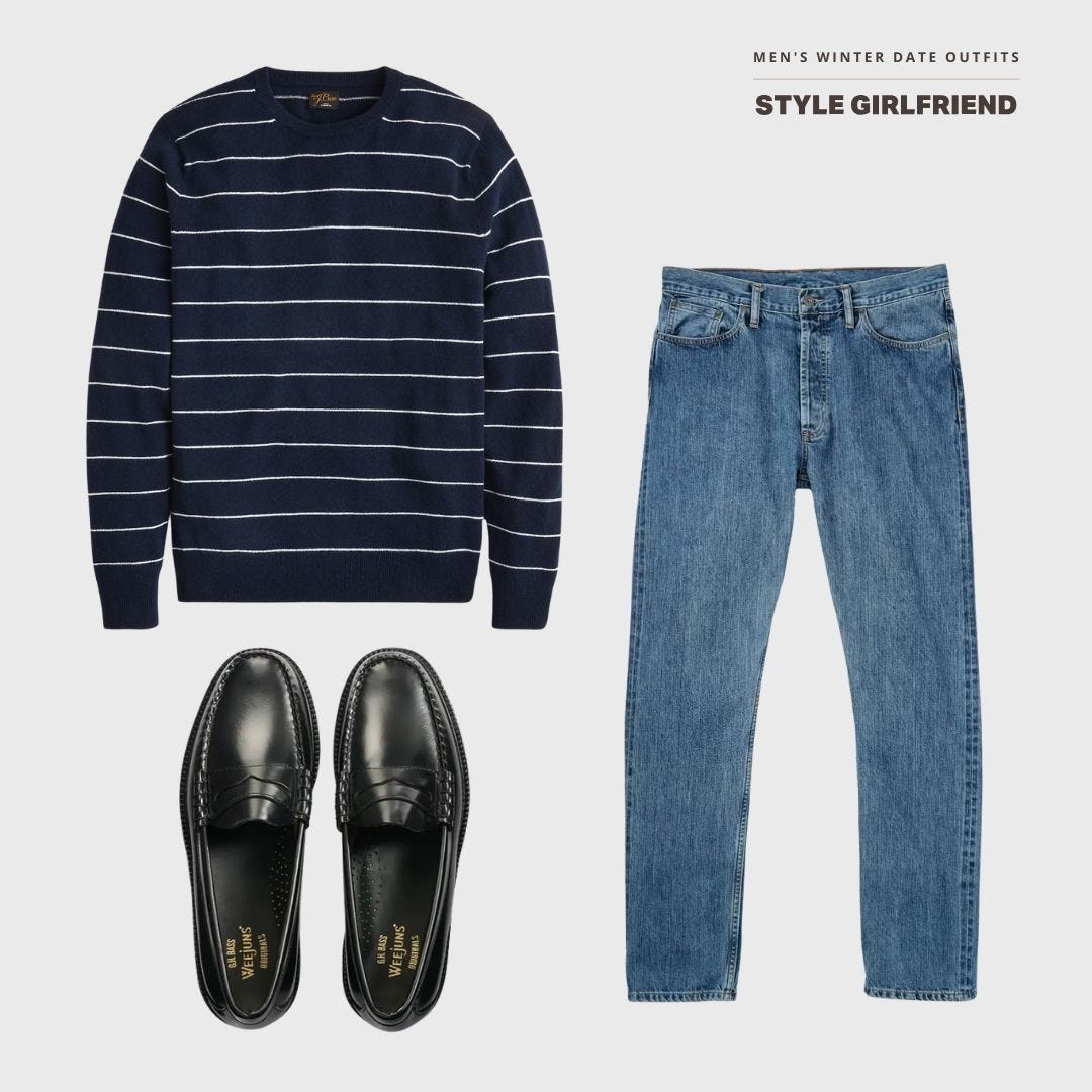 men's winter date outfit featuring a striped navy sweater, blue jeans, and black penny loafers