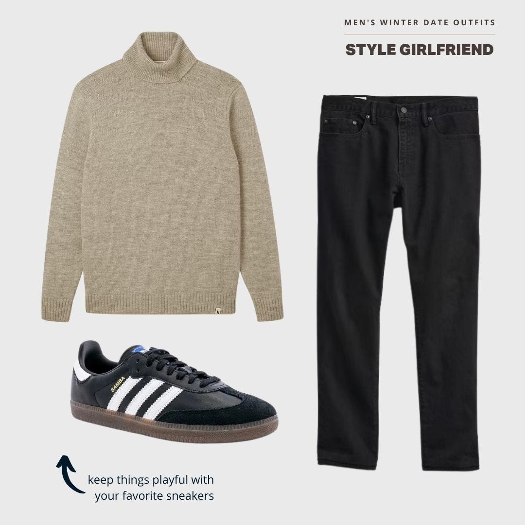 dressy casual men's winter date outfit featuring a turtleneck, black jeans, and adidas samba sneakers