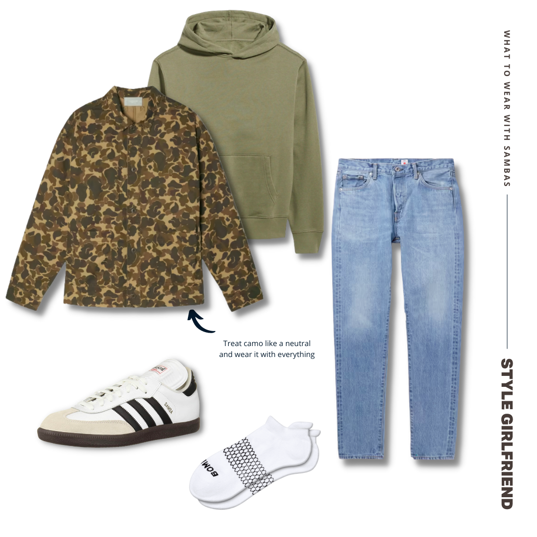 casual men's outfit with white adidas samba sneakers