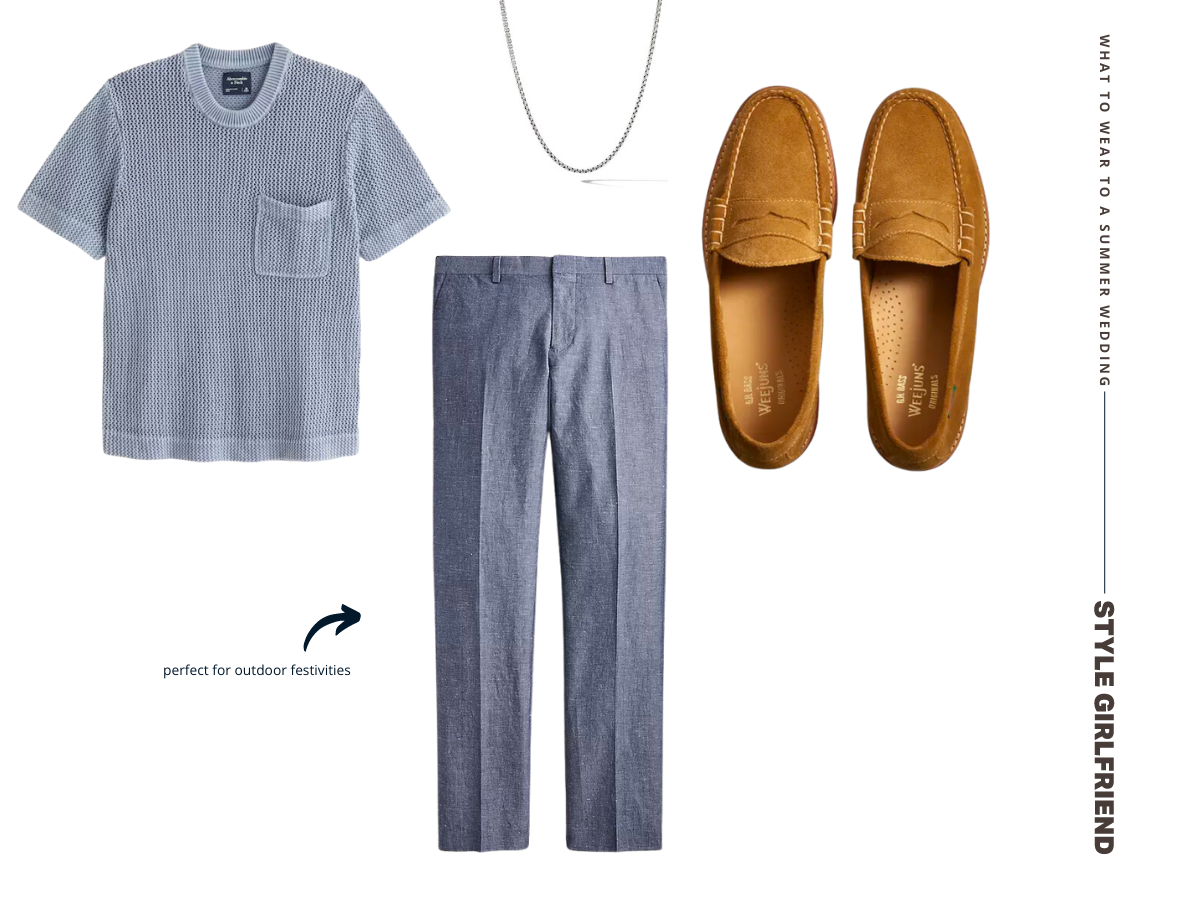 flat lay of a men's outfit featuring a light blue knit polo, summer-weight wool blue trousers, brown suede penny loafers and a silver chain. text on-screen reads: what to wear to a summer wedding