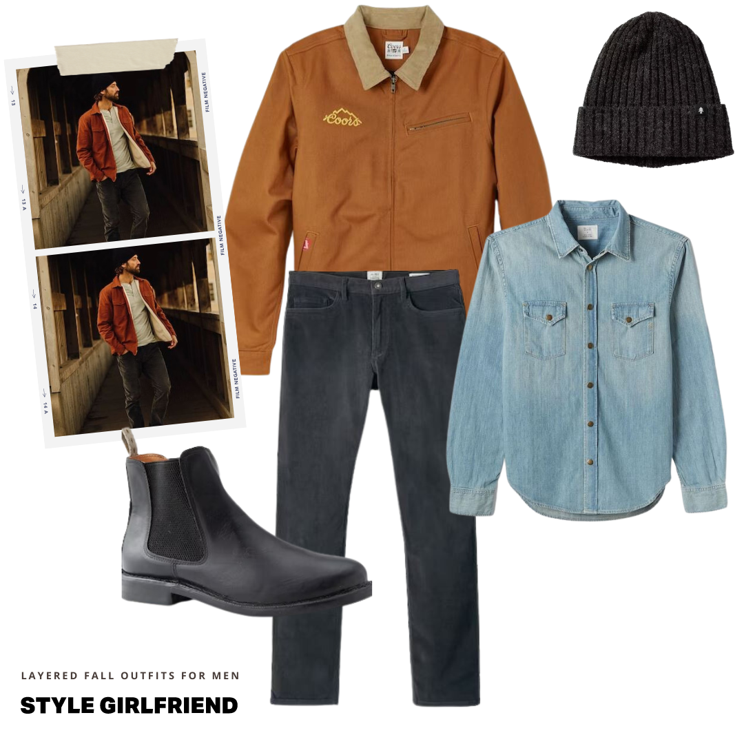men's fall outfit with trucker jacket in a guide on how to wear layers