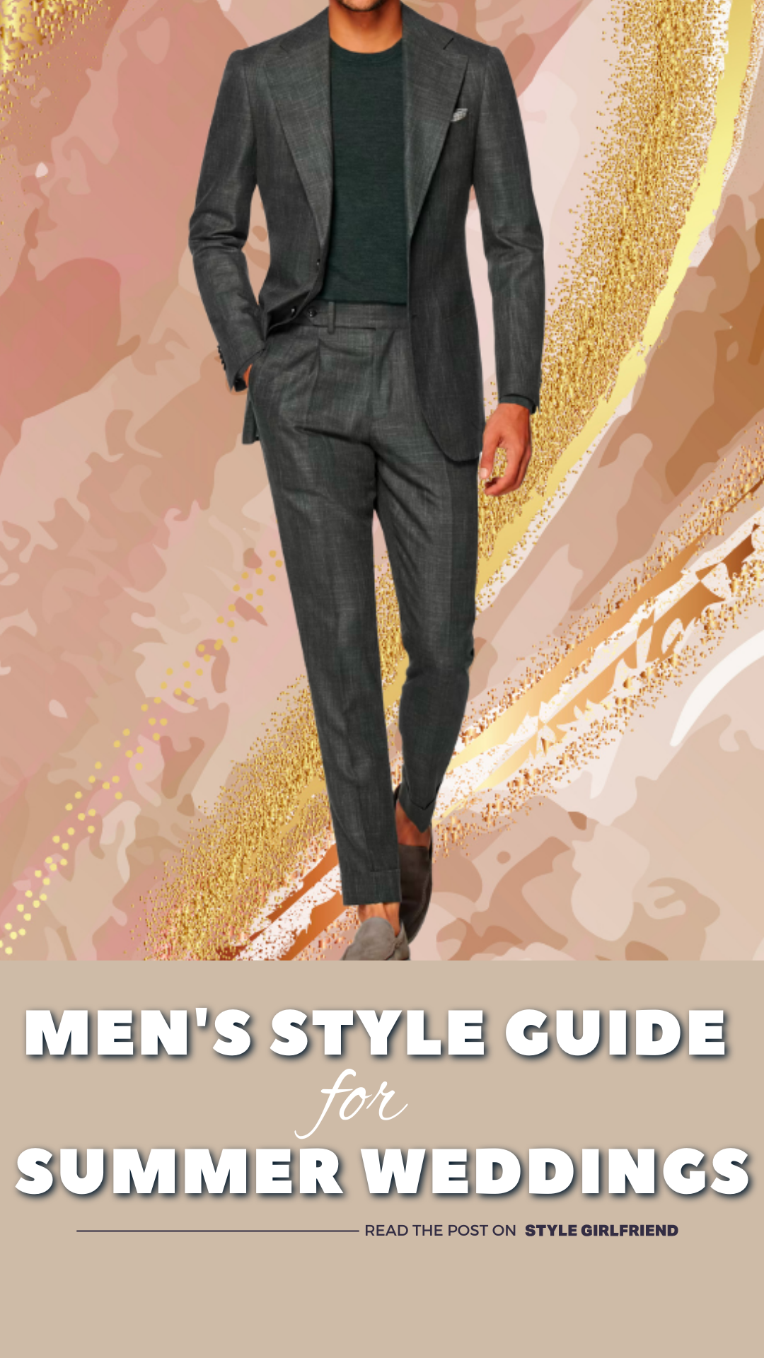 image of a man in a grey suit. text on-screen reads: men's style guide for summer weddings