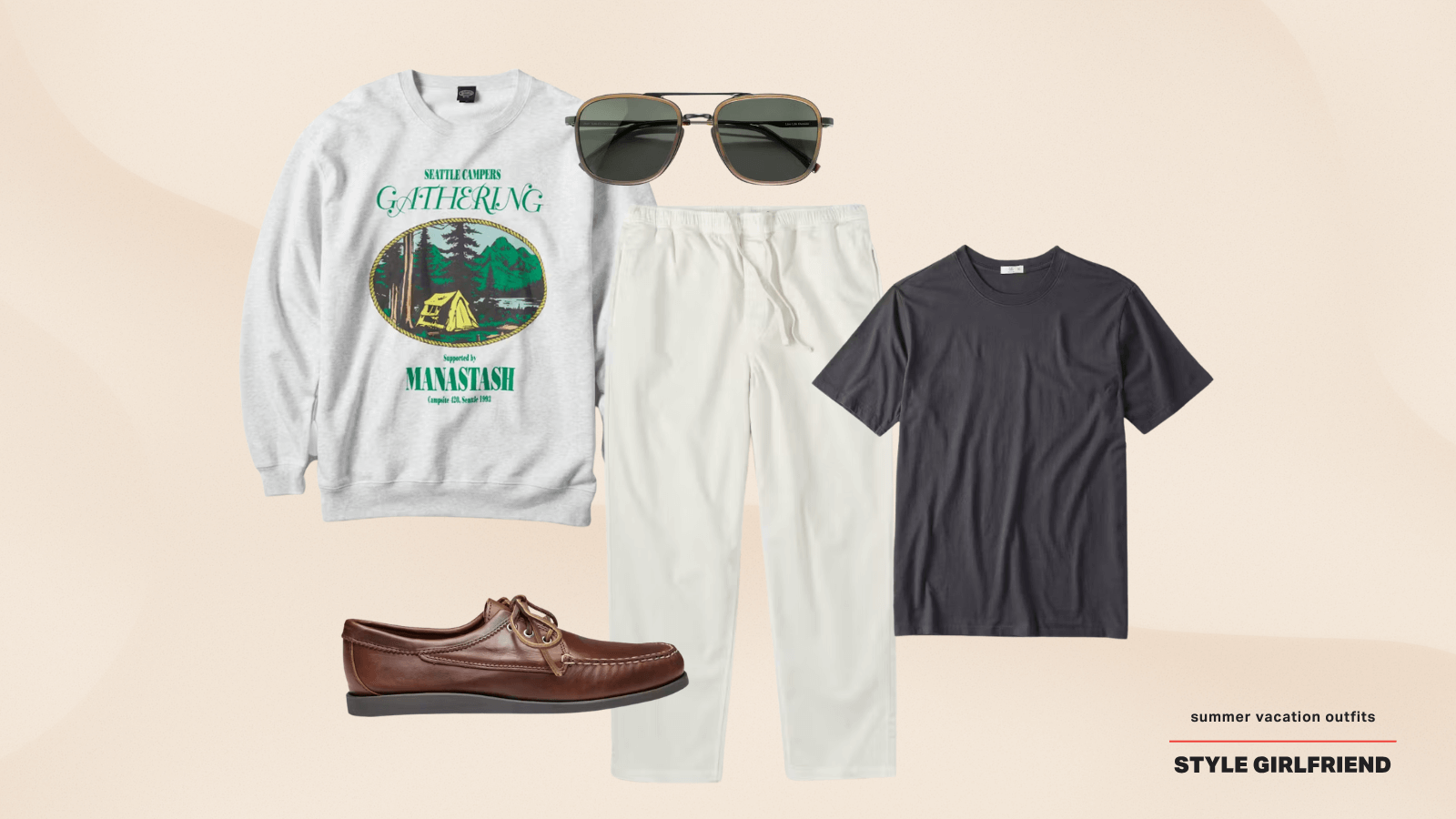 casual men's summer vacation outfit with boat shoes and a sweatshirt