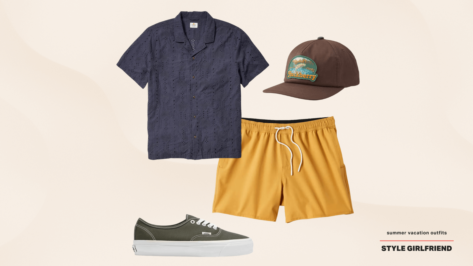 men's summer vacation outfit with a camp shirt and hybrid shorts
