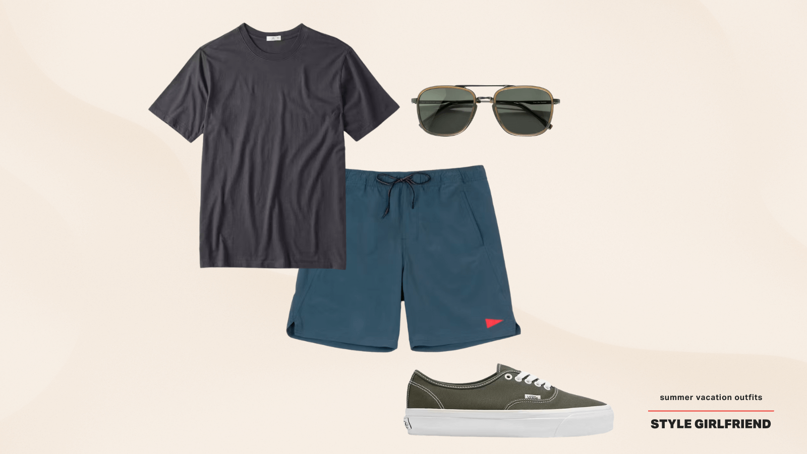 a casual men's outfit featuring a dark crewneck tee, navy shorts, sunglasses, and vans sneakers