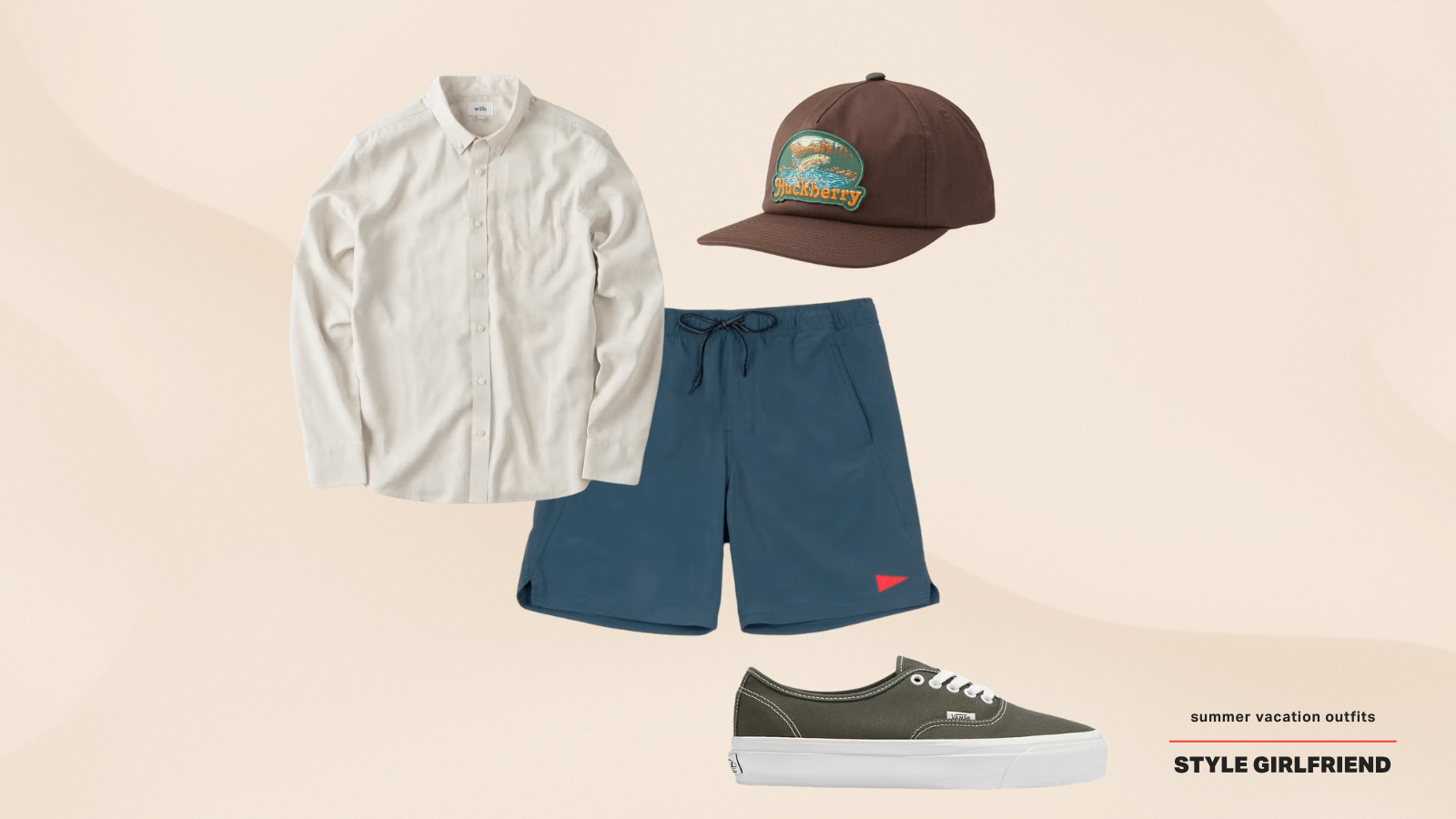 casual men's summer vacation outfit with shorts, sneakers, and a long-sleeve linen shirt