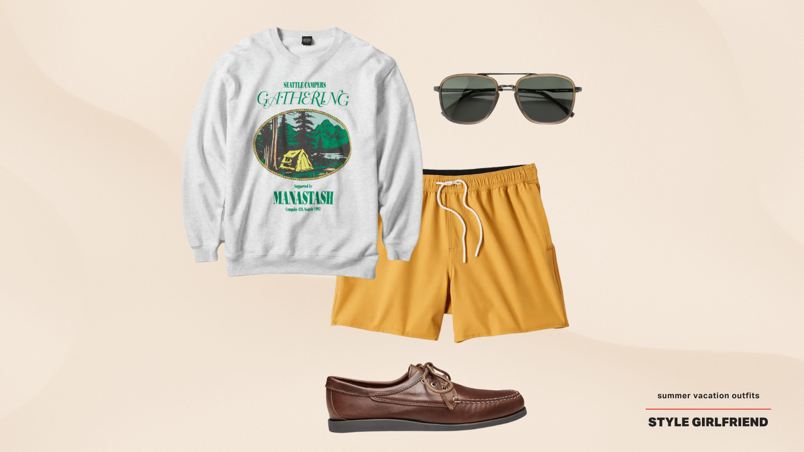 casual men's summer vacation outfit featuring a crewneck sweatshirt, yellow swim trunks, sunglasses, and boat shoes