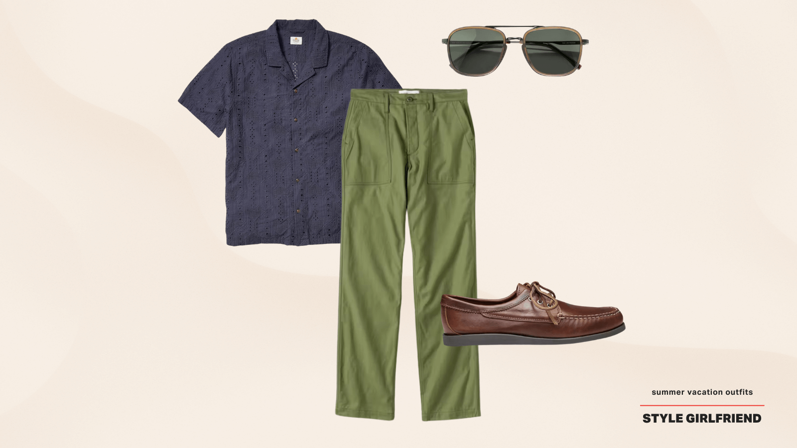 men's summer vacation outfit with fatigue pants, a navy camp shirt, sunglasses, and slip-on shoes